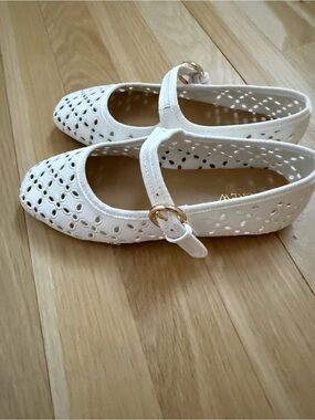 J. Crew White Eyelet Mary Jane Flats with Gold Buckle